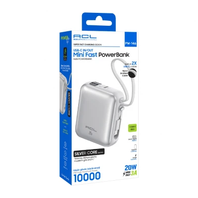 ACL PW-146 10000 Mah Type-C In-Out PD Kablolu 20W 3A Mini Powerbank | LCD Gösterge