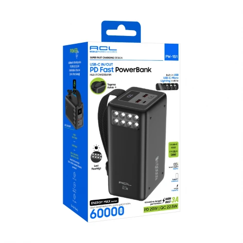 Acl PW-151 60000 Mah 20W PD | QC 22.5W Powerbank | Kamp Işığı | Dahili Kablo | LCD Gösterge