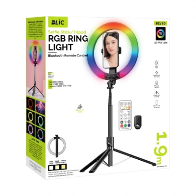 Blic BLV30 Kumandalı Halka Led Selfie Işığı | 3 Ton Beyaz | 32 Ton RGB | 190cm Tripod