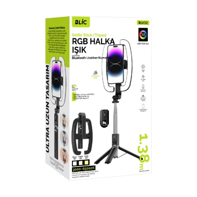 Blic BLV32 Kumandalı Halka Led Selfie Işığı | 3 Ton Beyaz | RGB | 138cm Tripod