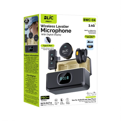 Blic BWC-04 Type-C Girişli LCD Göstergeli 2.4G Kablosuz İkili Yaka Mikrofonu