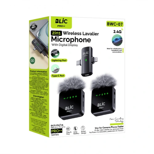 Blic BWC-07 Type-C | Lightning Girişli LCD Göstergeli 2.4G Kablosuz İkili Yaka Mikrofonu