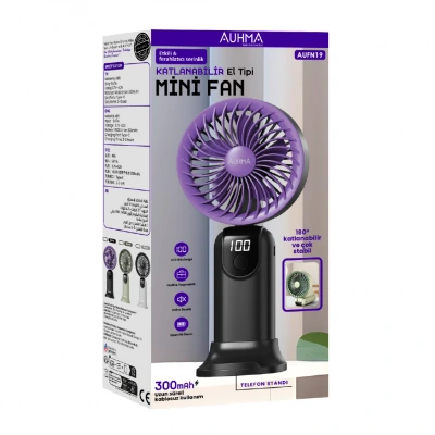 Auhma AUFN19 Şarjlı Telefon Standlı Katlanabilir LCD Göstergeli Mini El Fanı | 300mAh