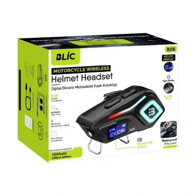 Blic B08 Kask Kulaklığı Intercom Sistemi | 2 Eşleşmeli | LCD Göstergeli | FM Radyolu | IP65 Su ve Toz Geçirmez