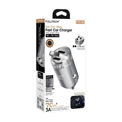 Fulltech FTC-02 70W 3A PD Hızlı Araç Şarj Başlık | 2 x Type-C