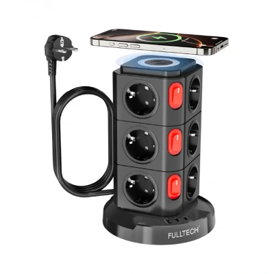 Fulltech FTR-15 Power Tower Kablosuz Şarj | Çoklu Priz Kulesi | 12xPriz 1xUsb 2xType-C 1xKablosuz Şarj