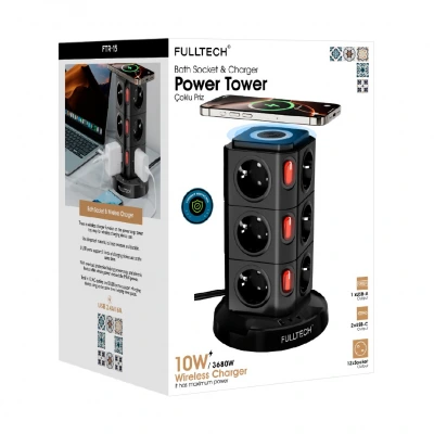 Fulltech FTR-15 Power Tower Kablosuz Şarj | Çoklu Priz Kulesi | 12xPriz 1xUsb 2xType-C 1xKablosuz Şarj