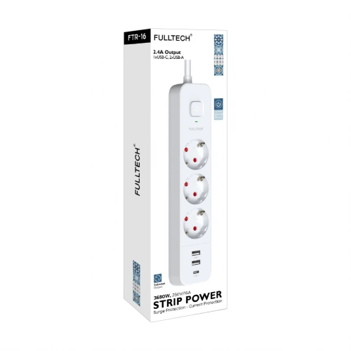 Fulltech FTR16 Termal Akım Korumalı 3lü Priz | 2x Usb 1x Type-C
