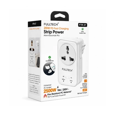 Fulltech FTR27 10 Amper 2500 Watt Akım Koruma Prizi | 1x AC Priz | 1x USB  1x Type-C | 750 Derece Isıya Dayanıklı