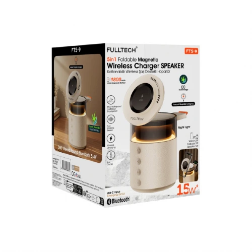 Fulltech FTS-9 5in1 15W Hızlı Şarj Özellikli Magnetik Kablosuz Şarj Standlı Speaker