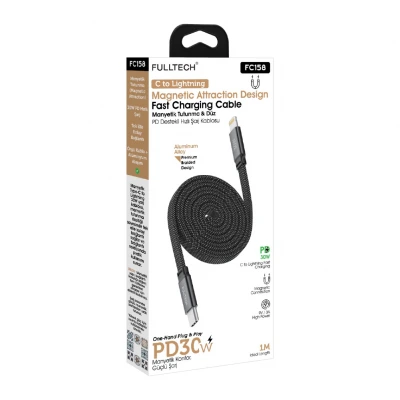 Fulltech FC158 30W 3A Type-C Iphone PD Mıknatıslı Yassı Hasır Şarj Kablosu