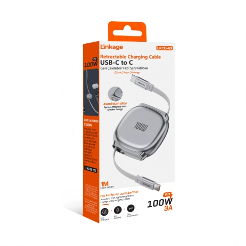 Linkage Lkcb63 100W 3A Makaralı PD Hızlı Şarj Kablosu | Type-C to Type-C | Aluminyum Gövde