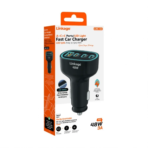 Linkage LNC-03 48W 3A PD Hızlı Araç Şarj Başlık | 1 x Usb 3 x Type-C