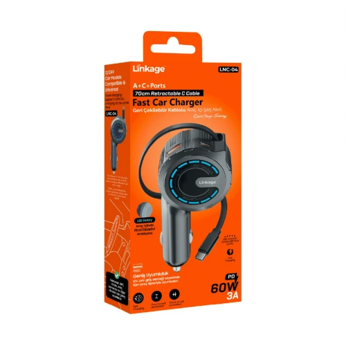 Linkage LNC-04 60W 3A PD Hızlı Araç Şarjı | Type-C Makaralı Kablo
