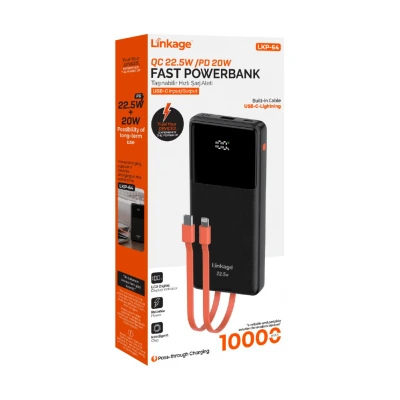 Linkage LKP64 10000 Mah 22.5W Type-C ve Lightning Kablolu Powerbank | LCD Gösterge