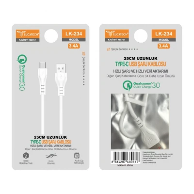 Lucatech LK-234 3.4 Amper 25cm Type-C Şarj Kablosu | Poşetli