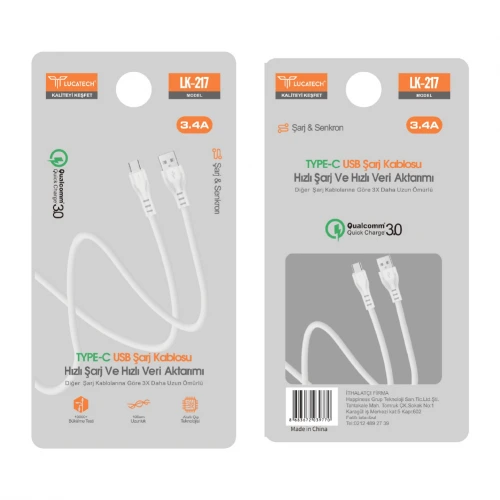 Lucatech LK217 3.4A Poşet Type-C Hızlı Şarj Kablosu