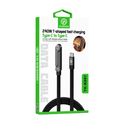YK Design YK-K601 Type-C PD 240W Ögrülü Yassı Data Şarj Kablosu | Stand Özellikli
