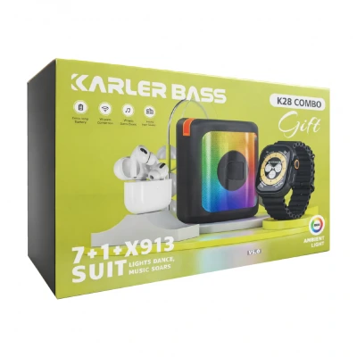 Karler Bass K28 Combo Akıllı Saat | 7 Kordon | RGB Bluetooth Speaker Ve Bluetooth Kulaklık Hediye