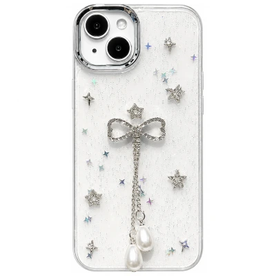 Fancy Iphone 16 Pro Fiyonklu Taşlı Şeffaf Kılıf | Sert Silikon