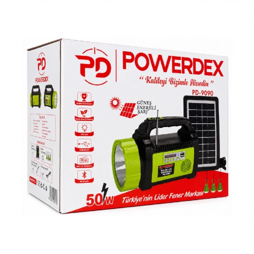 Powerdex PD-9090  Powerbank Özellikli Güneş Enerjili FM Radyo | Bluetooth Speaker | | 50W 5.000 Lümen Kamp Lambası
