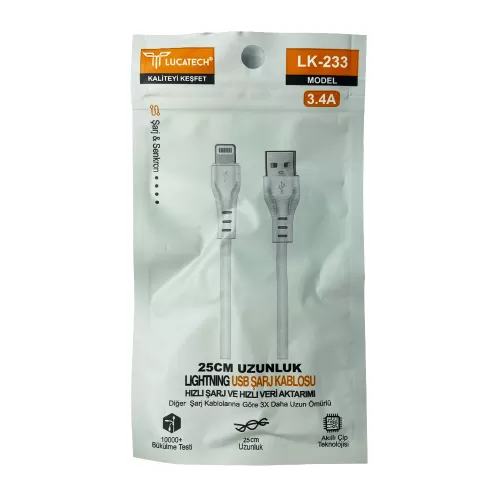 Lucatech LK-233 3.4 Amper 25cm İphone Şarj Kablosu | Poşetli Lucatech LK-233 3.4 Amper 25cm İphone Şarj Kablosu | Poşetli