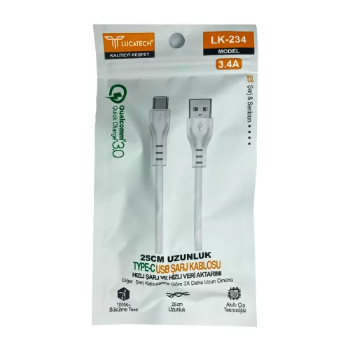 Lucatech LK-234 3.4 Amper 25cm Type-c Şarj Kablosu | Poşetli Lucatech LK-234 3.4 Amper 25cm Type-c Şarj Kablosu | Poşetli