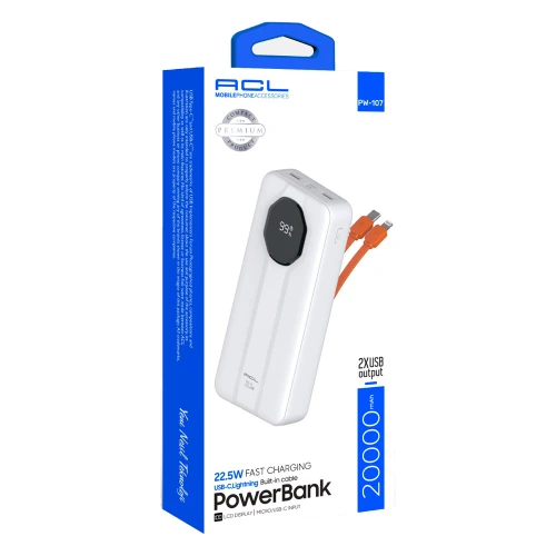 Acl Pw107 20000 mAh 22.5W 2 Kablolu Lcd Powerbank
