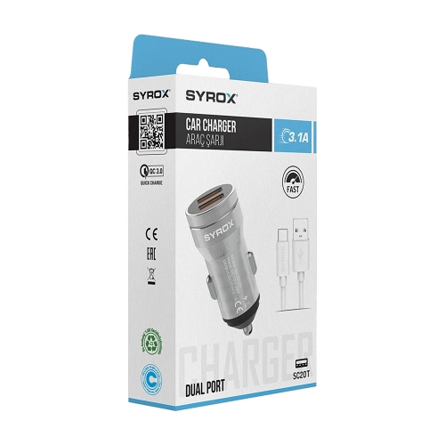 Syrox SC20T Type-c Fast Oto Başlık 3.1A Syrox SC20T Type-c Fast Oto Başlık 3.1A
