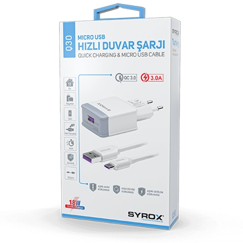 Syrox Syx-Q30 Micro 3A Quıck Hızlı Ev Şarj Syrox Syx-Q30 Micro 3A Quıck Hızlı Ev Şarj
