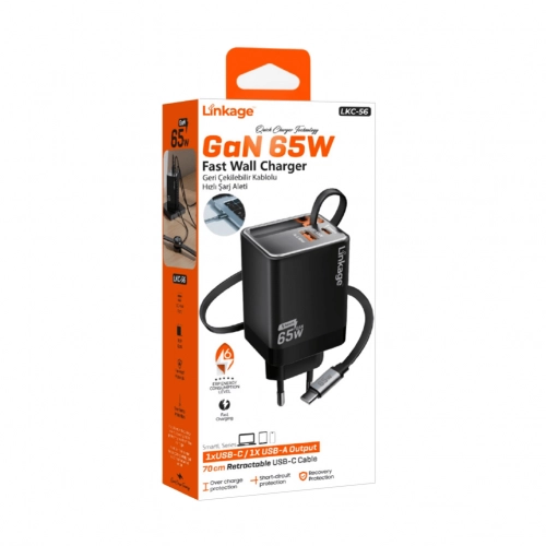 Linkage LKC56 Gan 65W Başlık| Type-c Kablolu | 1xPD 1xUSB