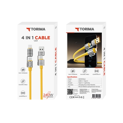 U23 4in1 Hızlı Şarj Kablosu 240W | Type-C - USB -> Type-C - Lightning  | Sarı Renk