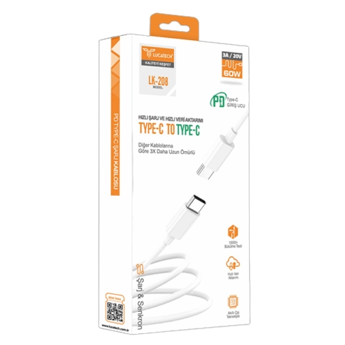 Lucatech LK208 Type-C to Type-C 3A 60w Pd Şarj Kablosu Lucatech LK208 Type-C to Type-C 3A 60w Pd Şarj Kablosu
