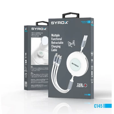 Syrox C-145 2.4 Amper Makaralı Metal Kablo | 3in1 Syrox C-145 2.4 Amper Makaralı Metal Kablo | 3in1