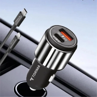 C16 USB | Type-C Çıkışlı Araç Şarjı | 45 Watt Turbo Şarj | Lightning Kablolu