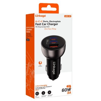 Linkage LNC-01 60W 3A PD Hızlı Araç Şarj Başlık | 1 x Usb 2 x Type-C