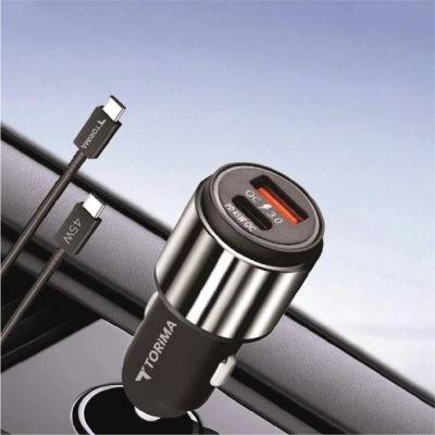 C16 USB | Type-C Çıkışlı Araç Şarjı | 45 Watt Turbo Şarj | Type-C Kablolu