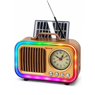 Golon RX-078CS Güneş Enerjili Bluetooth Speaker | FM AM SW Radyo | Analog Saatli