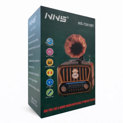 NNS Ns-7251BT Nostaljik Gramofon Ahşap Radyo | TWS Bluetooth Speaker