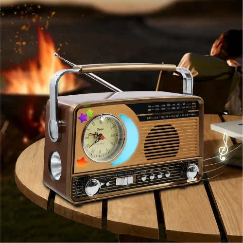 YG-7030BTS Güneş Enerjili Nostaljik Bluetooth Speaker | FM AM SW Radio | Analog Saatli