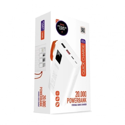 Powerway QC20 20000 mAh 22.5W PD Kablolu Powerbank
