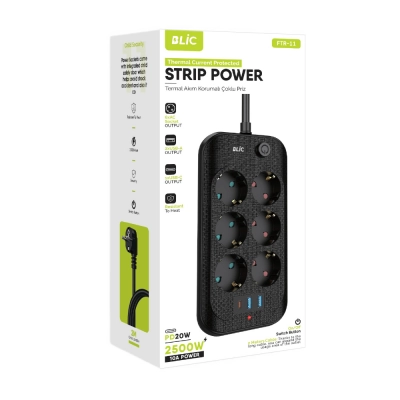 Blic FTR-11 Termal Akım Korumalı Uzatma Kablosu | 6xPriz 3xUSB 1xPD