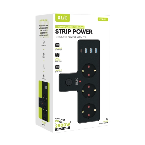 Blic FTR-12 Termal Akım Korumalı Duvar Priz Çoklayıcı | 3xPriz 3xUSB 1xPD Blic FTR-12 Termal Akım Korumalı Duvar Priz Çoklayıcı | 3xPriz 3xUSB 1xPD