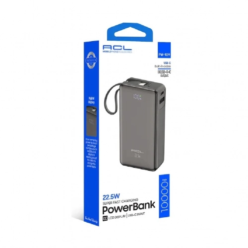 ACL PW-109 10000 Mah 22.5W Powerbank | LCD Göstergeli | Dahili Type-C Kablolu